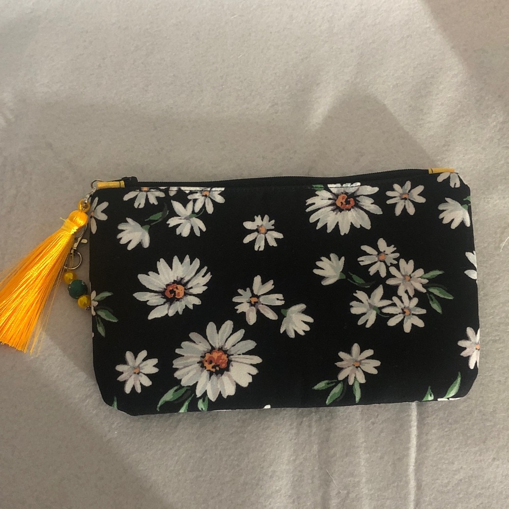 Daisy Print Black Cosmetic Bag with Yellow Tassel